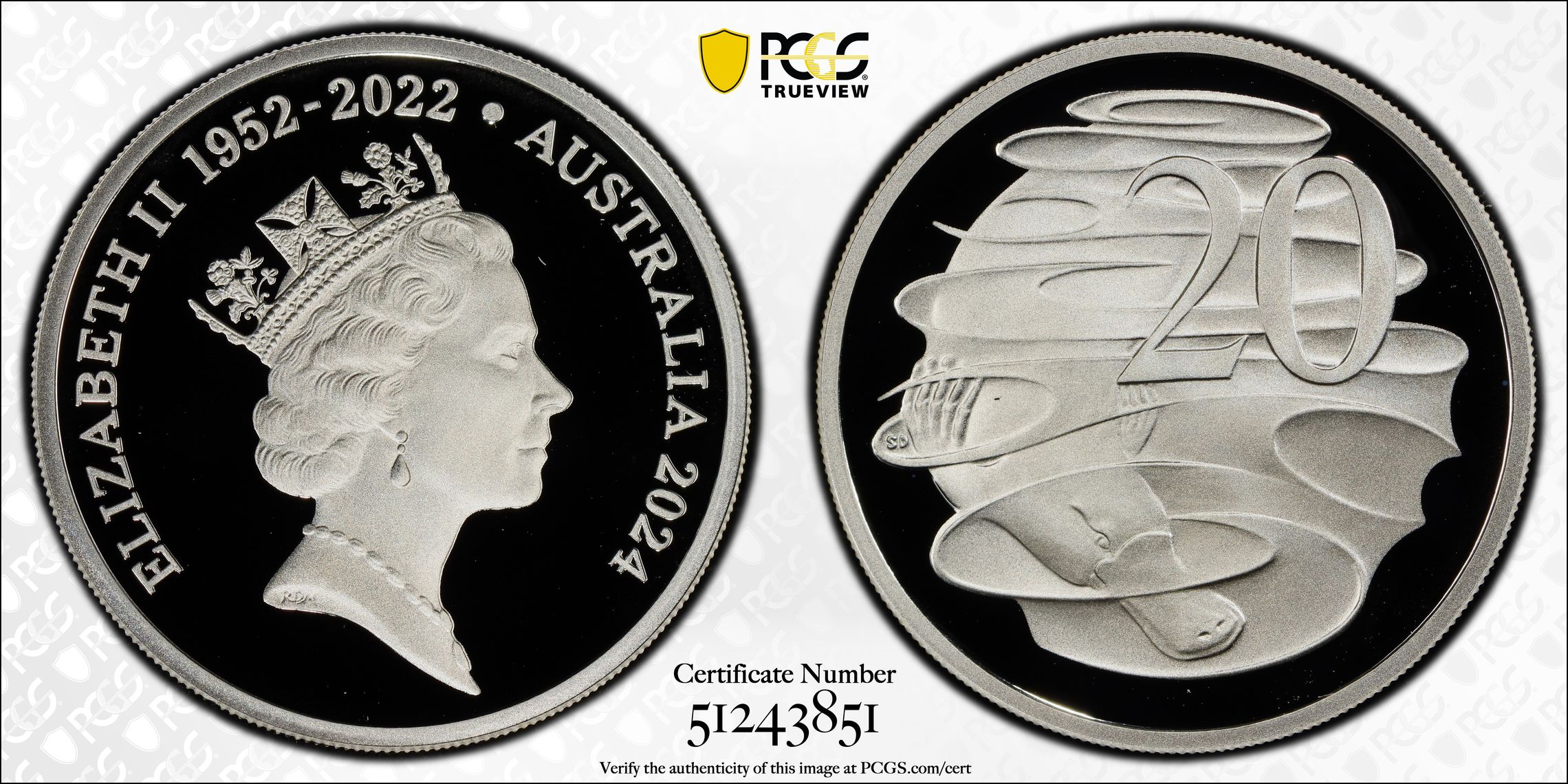 Queen Elizabeth II Silver, Twenty Cent, 2024, PCGS PR69DCAM