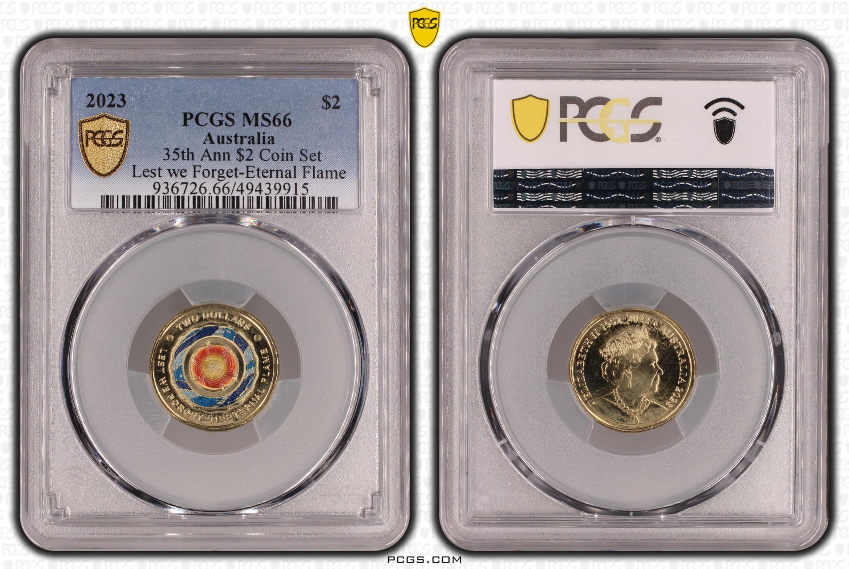 Elizabeth II, 35th Ann $2 Coin Set Colorized Lest we Forget-Eternal Flame , Two Dollar, 2023, PCGS MS66