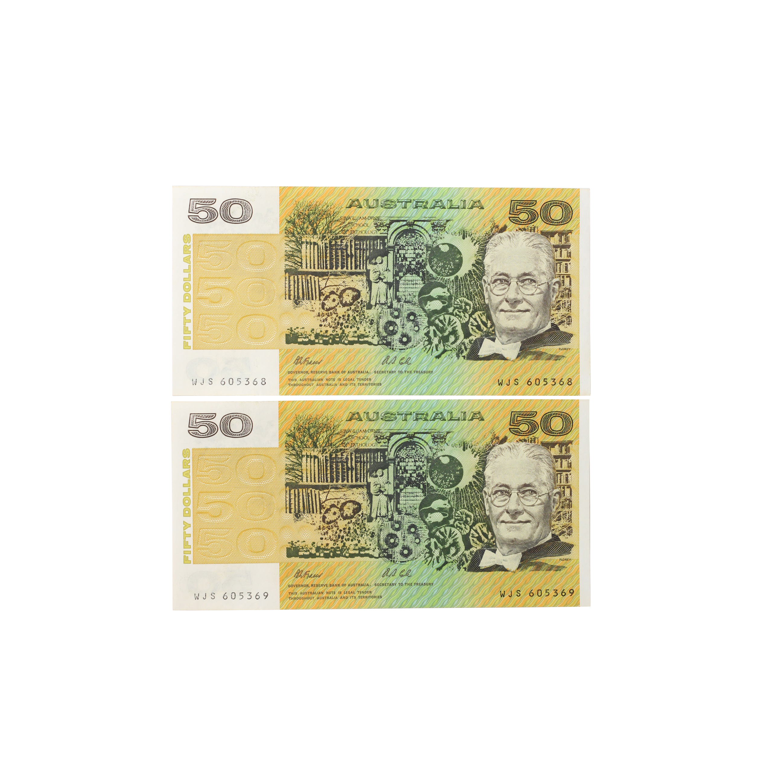 2064. · Consecutive Pair, Fraser/Evans, Fifty Dollars, 1993, UNC