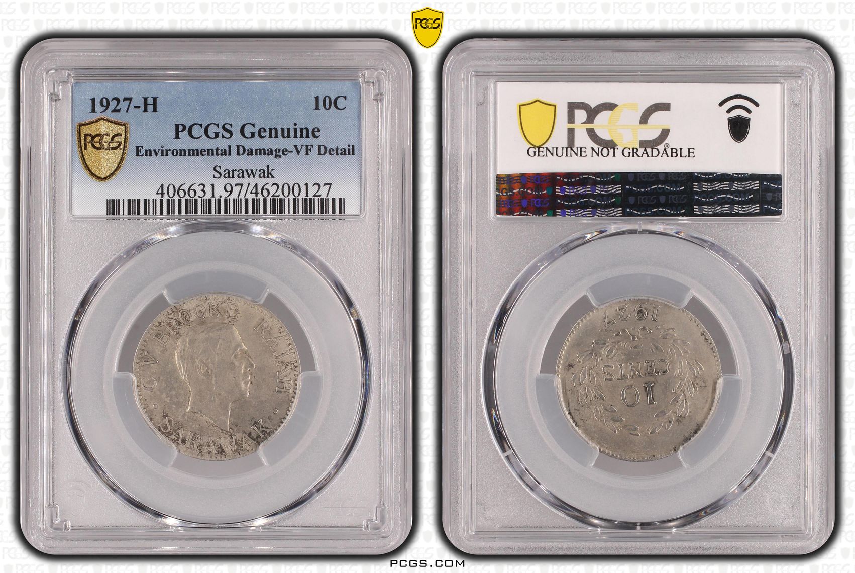Sarawak, Ten Cent, 1927-H, PCGS Genuine - VF Details (97 - Environmental Damage)