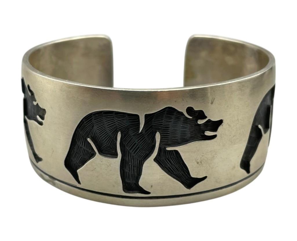 Hopi Sterling Silver Overlay Bear Themed Bracelet By Lawrence 