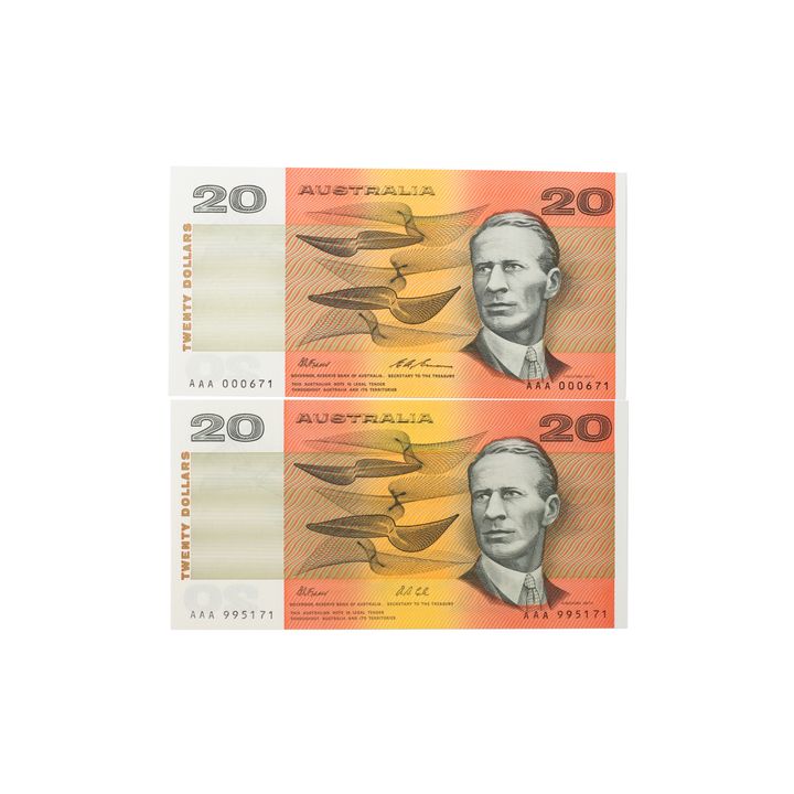 Consecutive Pair, Fraser/Cole, Twenty Dollars, 1991, UNC