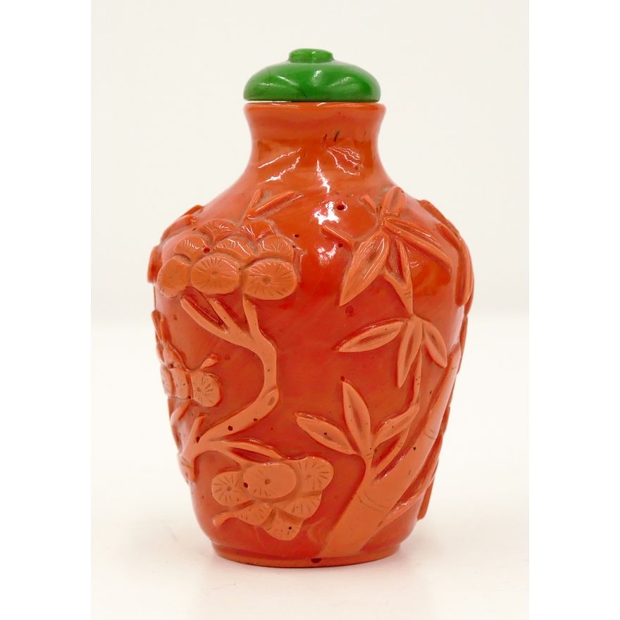 Old Chinese Coral Immitation Peking Glass Snuff Bottle 3''