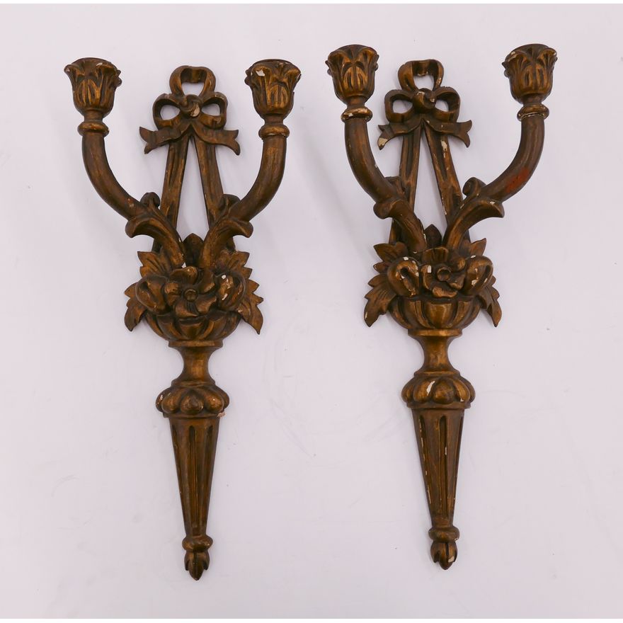 Pair Italian Gilt Carved Double Candle Sconces- 18x8''
