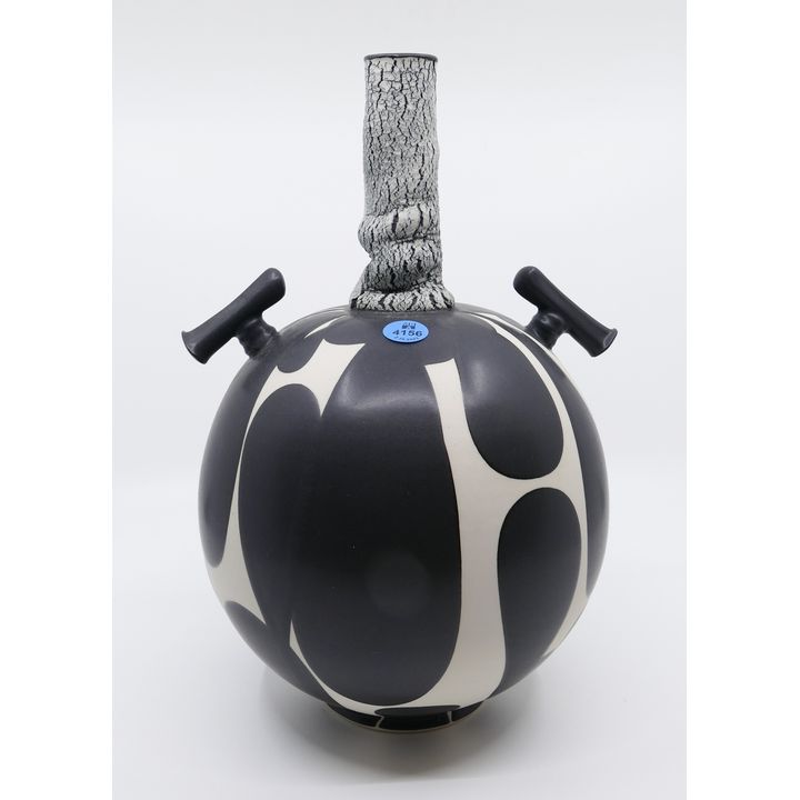 Sam Scott Black & White Porcelain Vase with Handbuit Neck and Handles - 12.5''