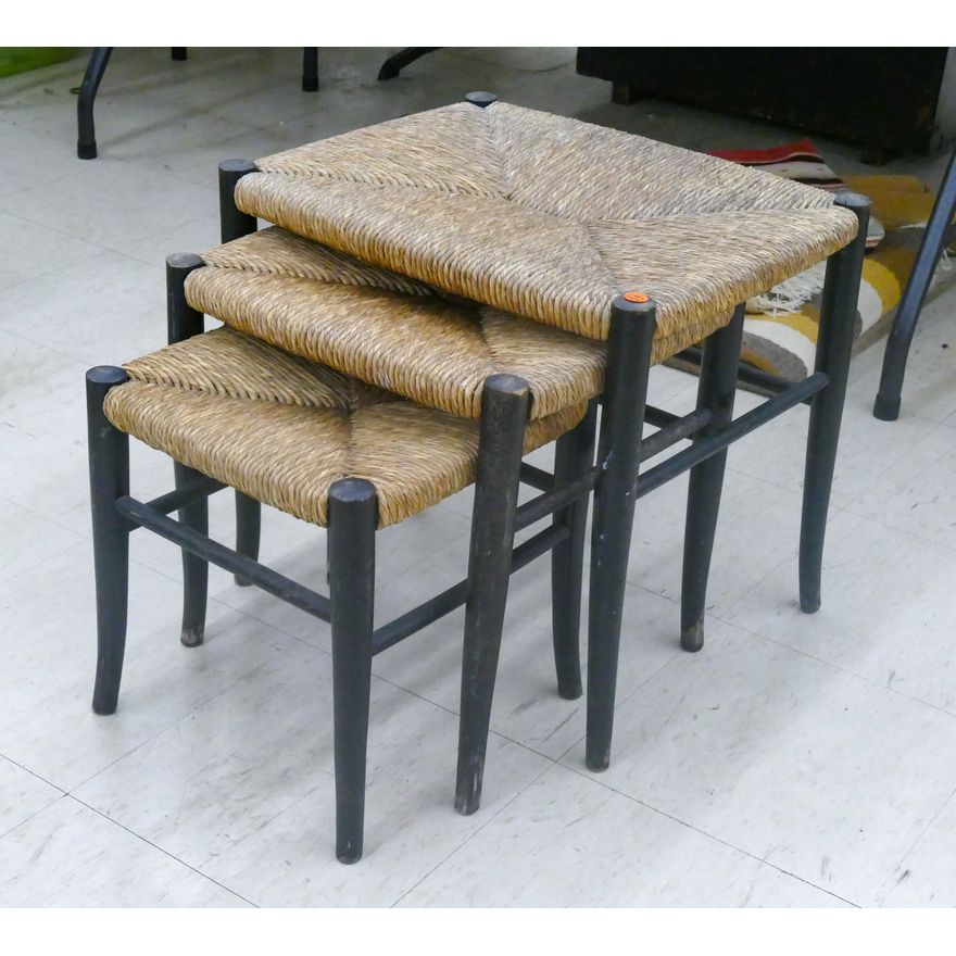 Vintage Rush Seat Nesting Tables Set 18''x19'' Largest