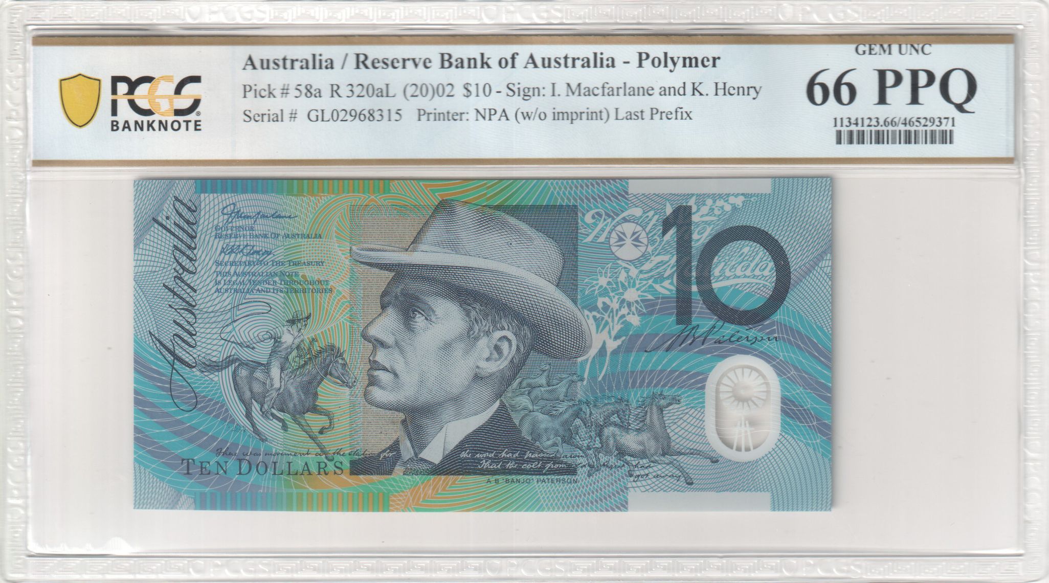 Macfarlane/Henry, Last Prefix, Ten Dollar, 2002, PCGS Gem UNC 66 PPQ