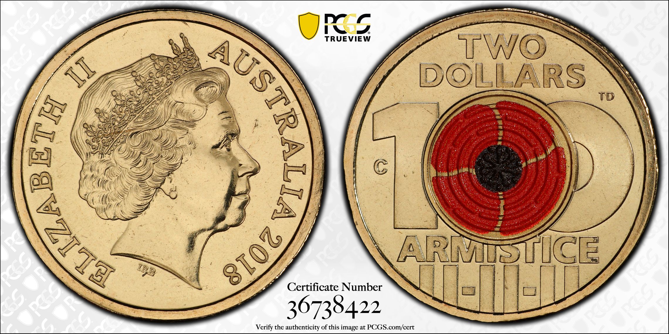 2018-C Australia Two Dollar, $2 Armistice Centenary PCGS - MS68 -422
