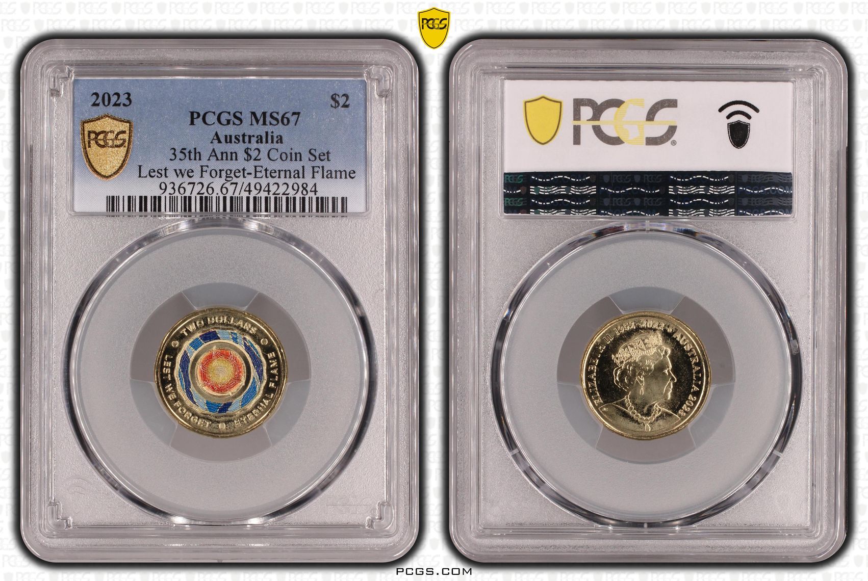 35th Ann $2 Coin Set Colorized Lest we Forget-Eternal Flame, Two Dollar, 2023, PCGS MS67, POP 22/0