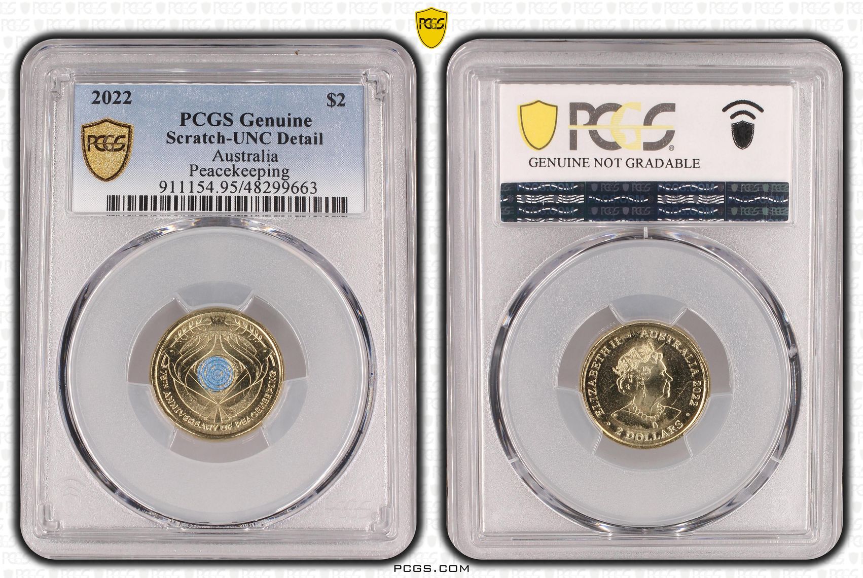 Peacekeeping - Colourised, Two Dollar, 2022, PCGS Genuine - UNC Details (95 - Scratch)