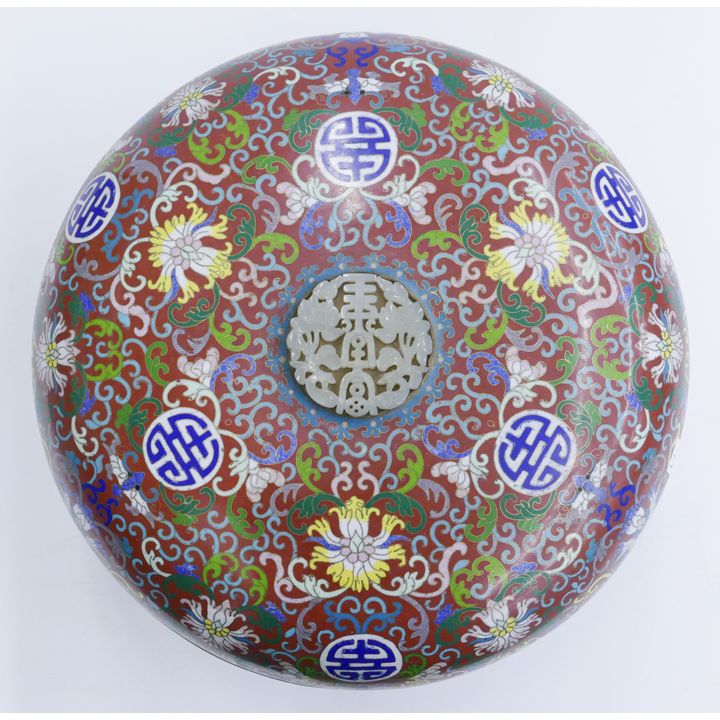 Chinese Cloisonne Round Box with Jade Plaque