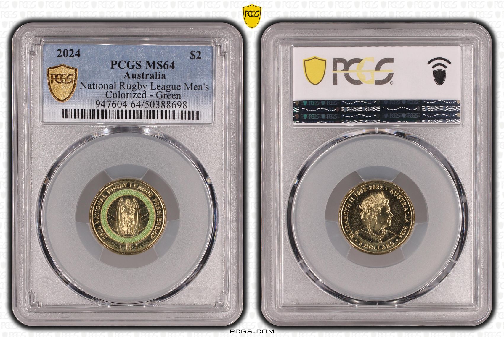 National Rugby League Men's Colorized - Green, Two Dollar, 2024, PCGS MS64