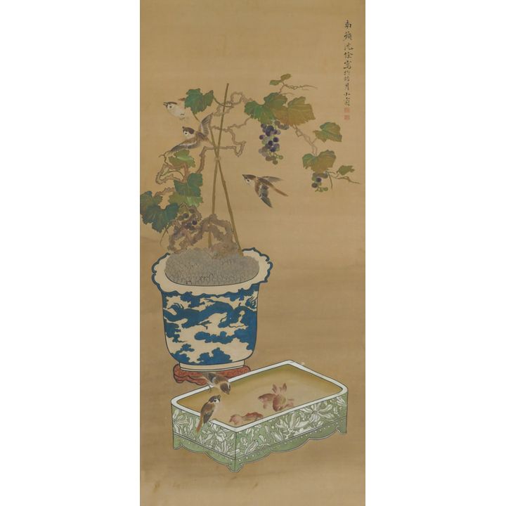 Meiji Japanese Sparrows with Goldfish Bowl Scroll Painting