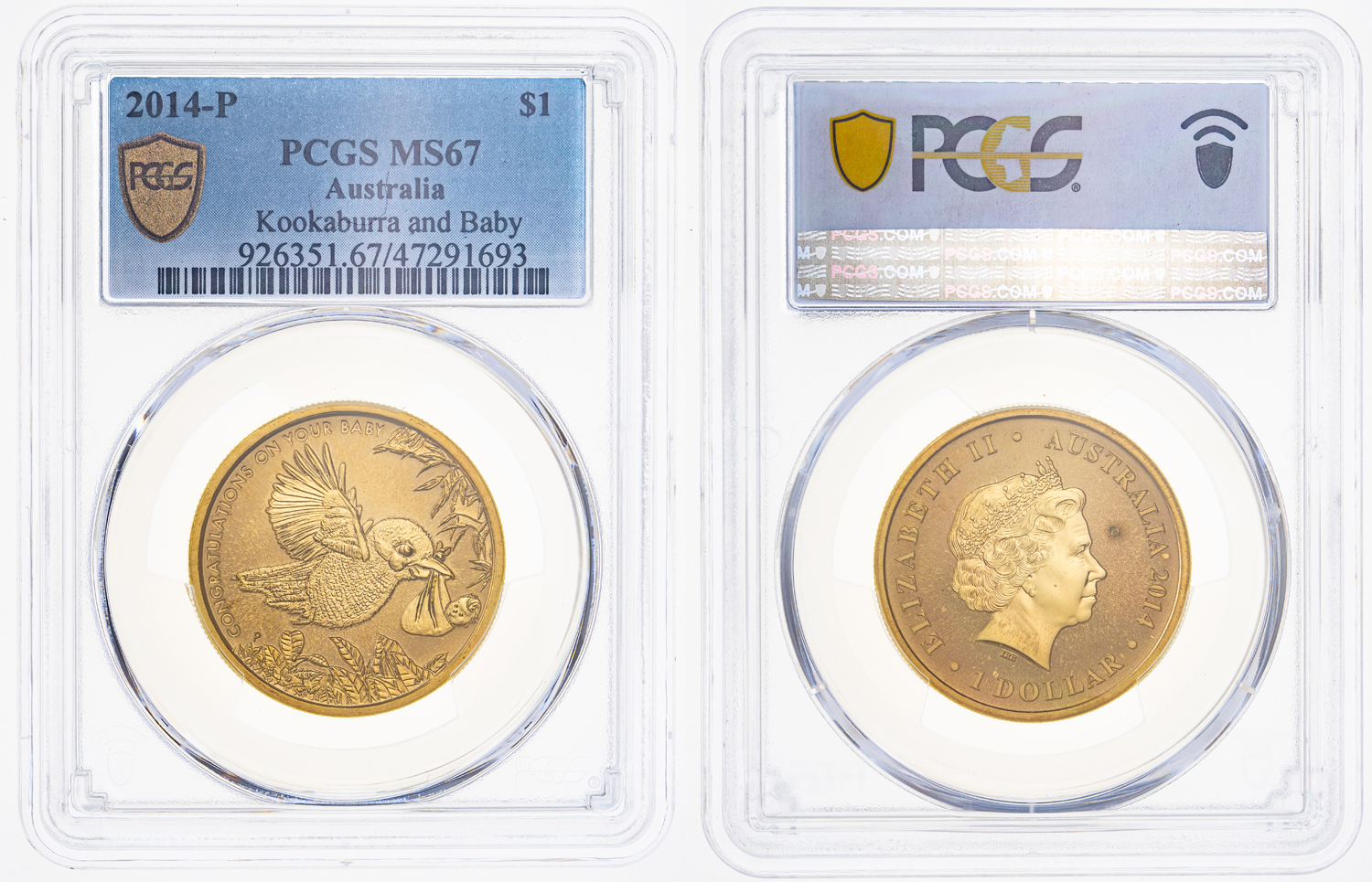 Kookaburra and Baby, One Dollar, 2014-P, PCGS MS 67