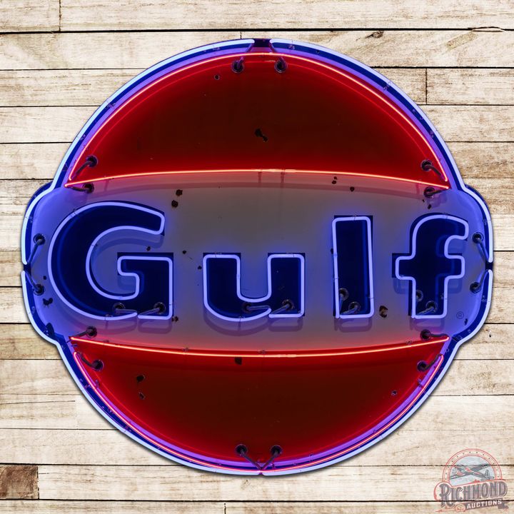 1964 Gulf Gasoline Die Cut Single Sided Porcelain Neon Sign
