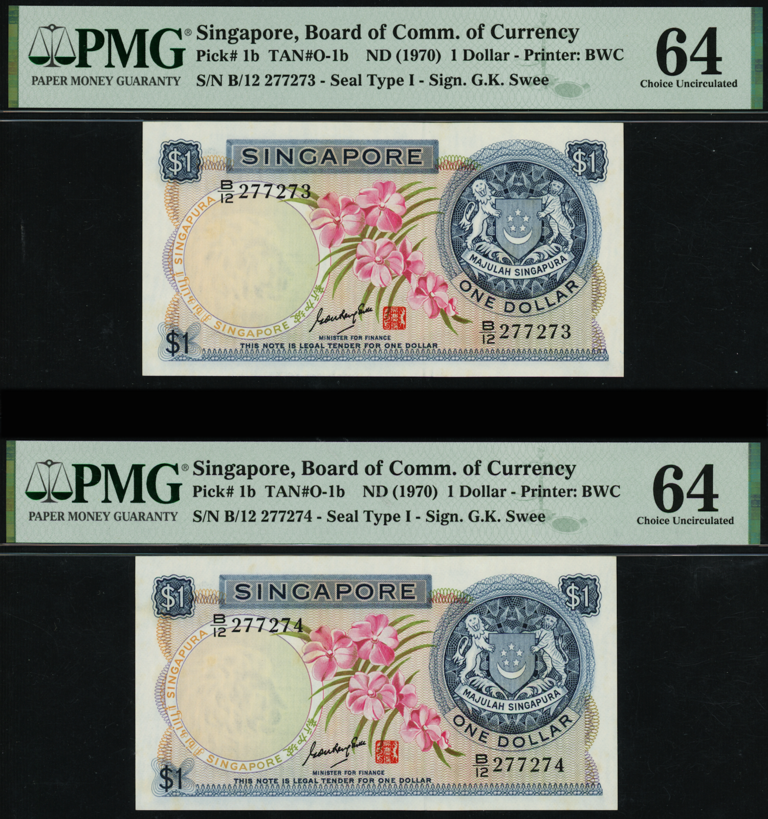 Singapore Orchid 1970 $1 GKS First Prefix B/12 277273-74 with