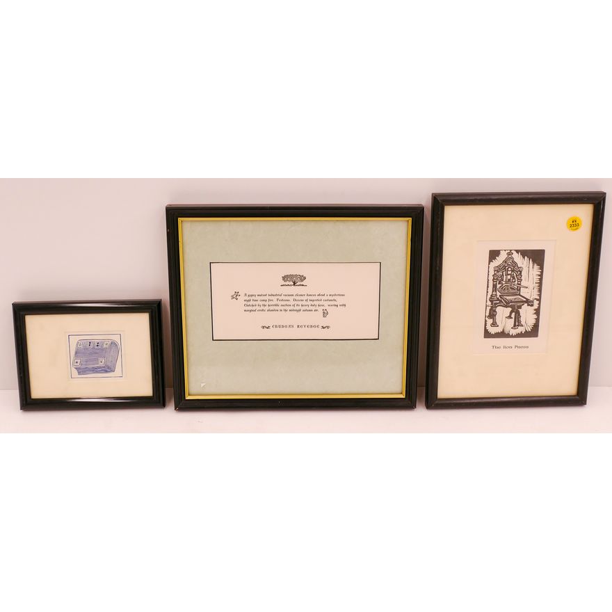 3pc Framed Book Plate Woodcut Prints- largest 11x13''