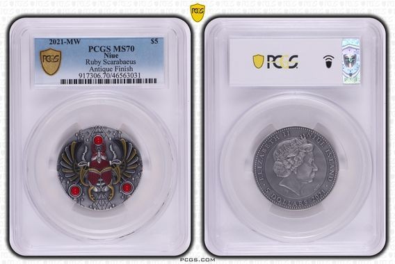 Niue, Ruby Scarabaeus Antique Finish, POP 1/0, Five Dollar, 2021-MW, PCGS MS70