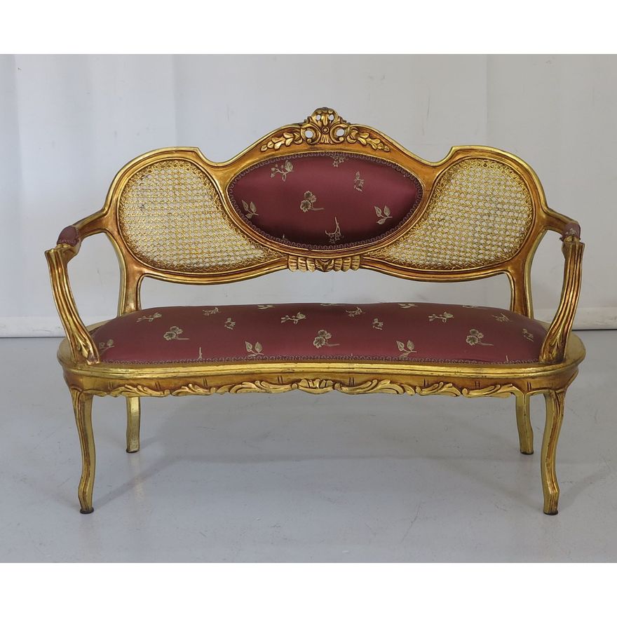 LOUIS XV STYLE GILT PAINTED AND RATTAN SETTEE