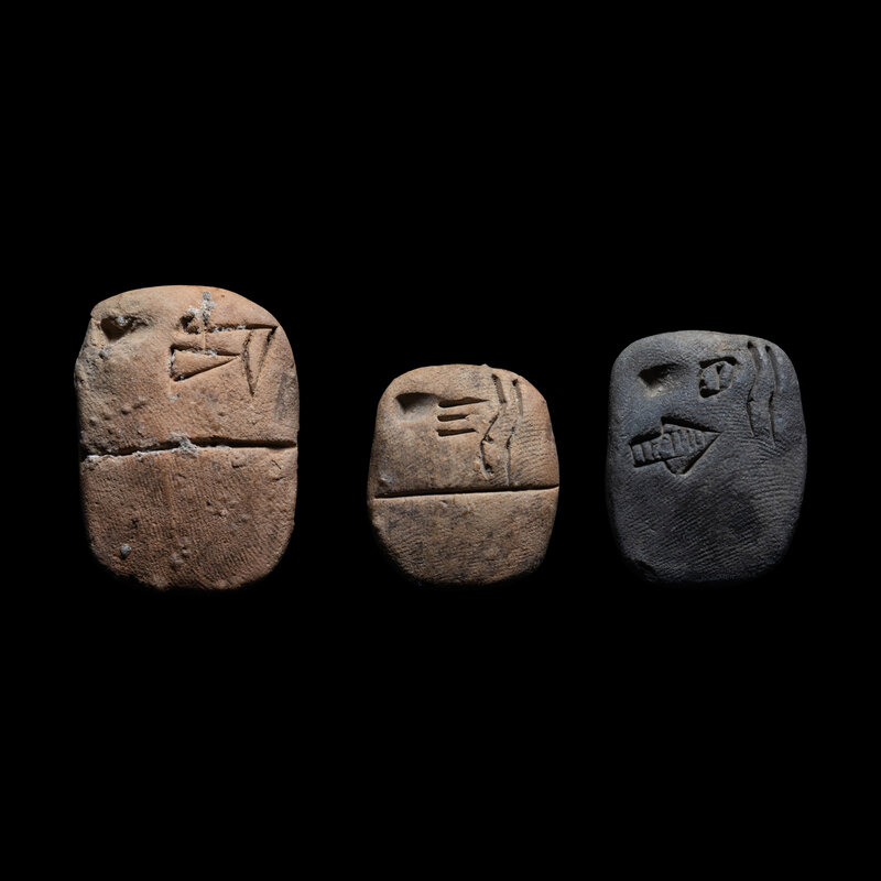 Three Mesopotamian Clay Proto-Cuneiform Tablets