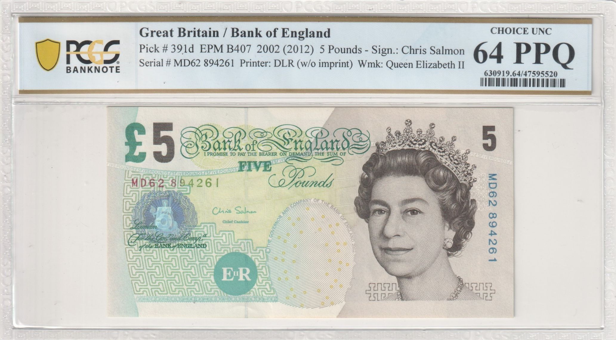Great Britain, DLR (w/o imprint), Chris Salmon, Wmk: Queen Elizabeth II, Five Pound, 2002 (2012), PCGS Choice UNC 64 PPQ