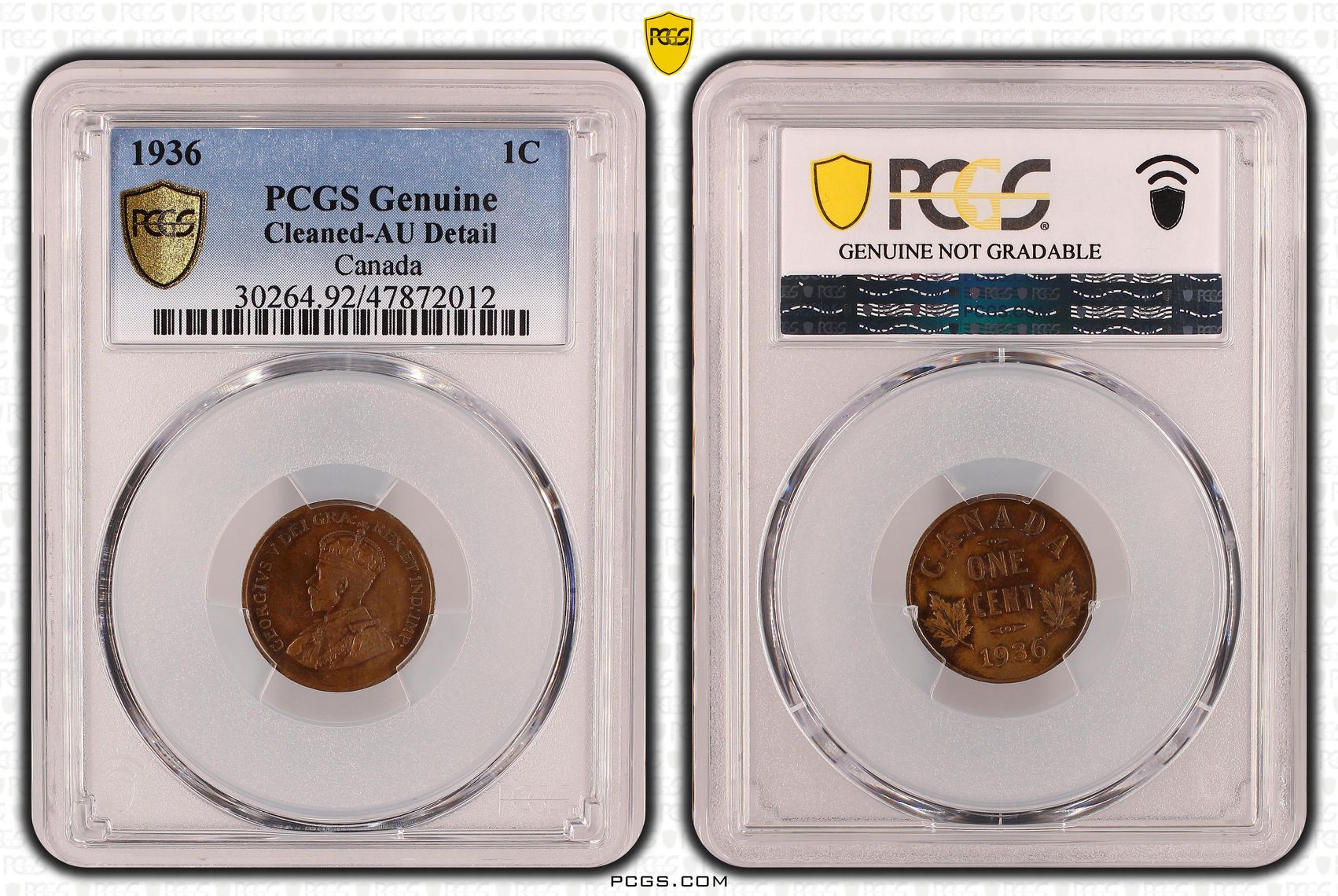 Canada, One Cent, 1936, PCGS Genuine - AU Details (92 - Cleaned)
