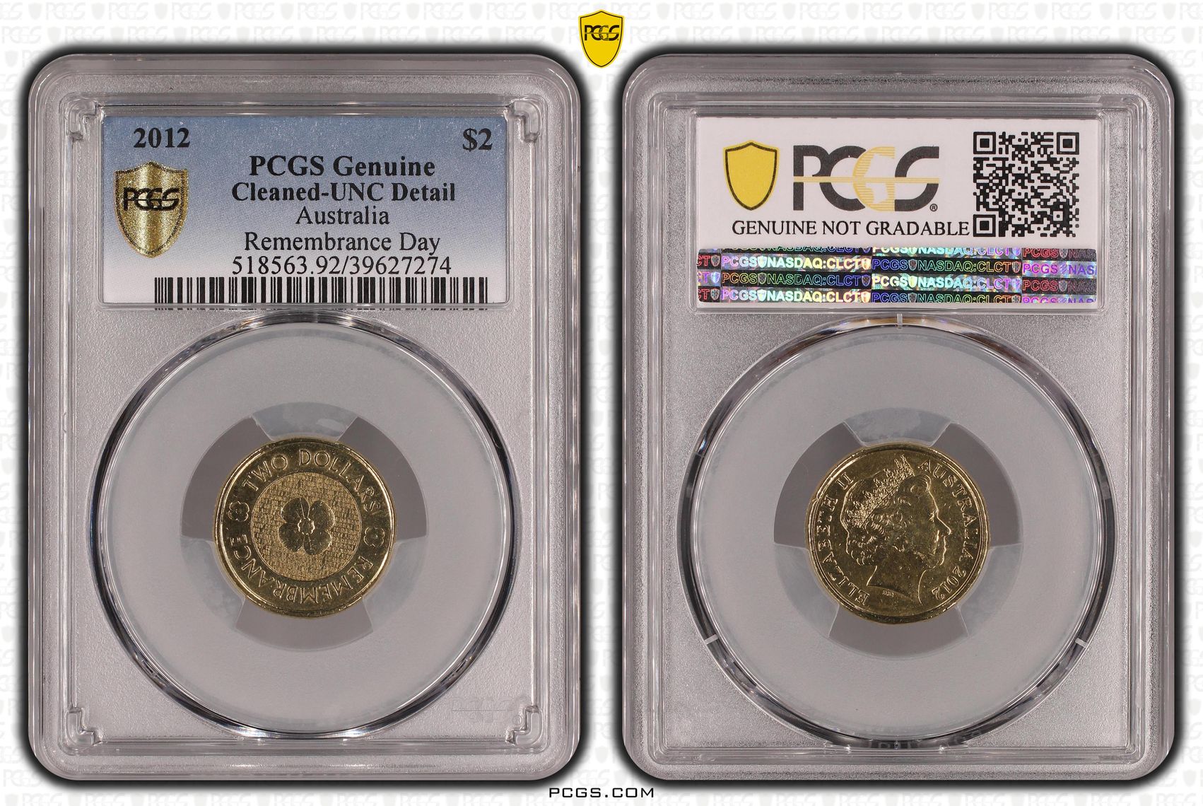Remembrance Day, Two Dollar, 2012, PCGS Genuine - UNC Details (92 - Cleaned)