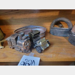 Casey Jones Vintage bank, car and Depression glass divided dish