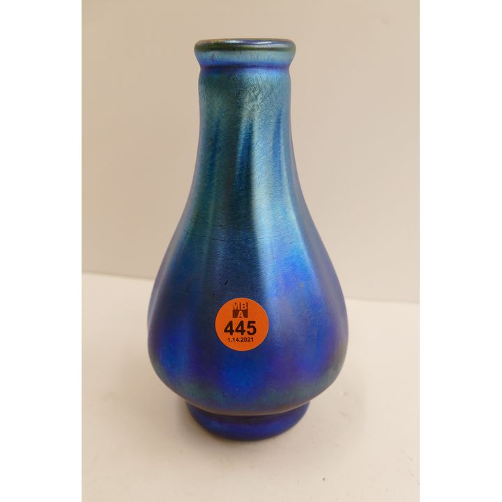 Signed L.C.T. Blue Iridescent Glass Vase- 6''