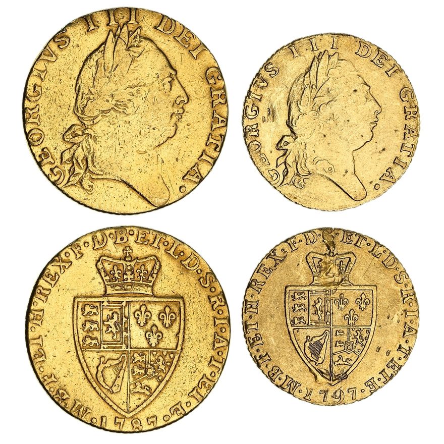 George III (1760-1820), 'Spade' Guinea, 1787; and, Half-Guinea, 1797 ...