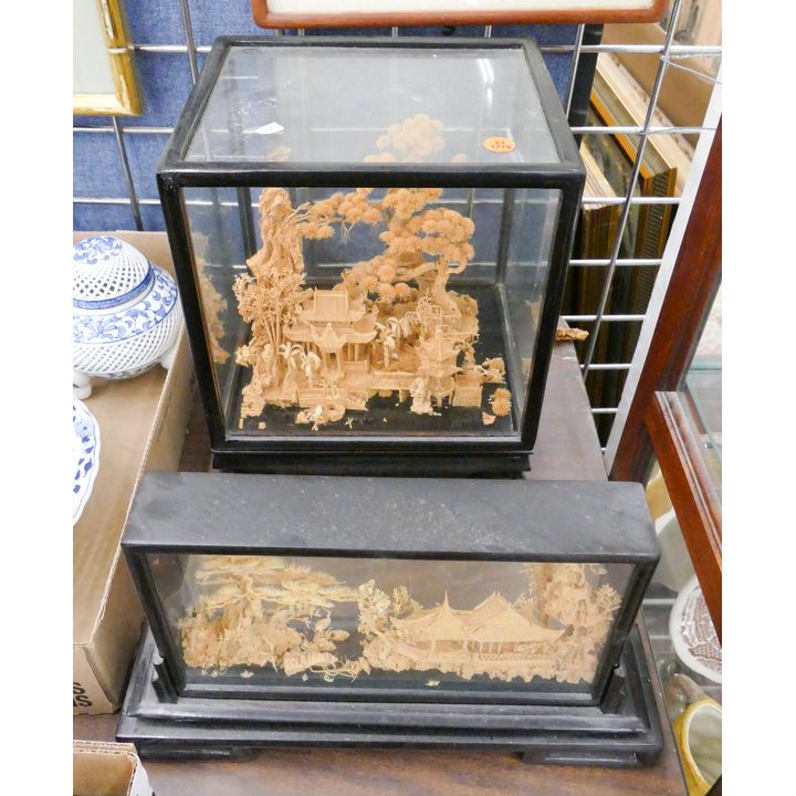 2pc Old Chinese Cork Landscape Carvings- largest 11x10''