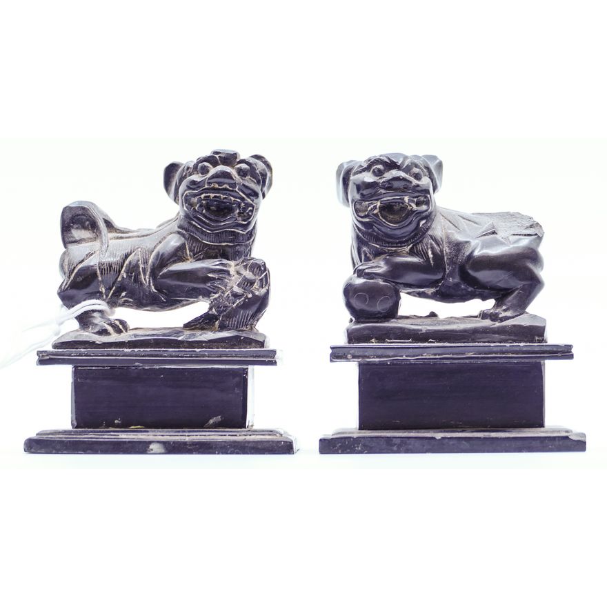 Pair Old Chinese Carved Slate Miniature Foo Lions 2.5''
