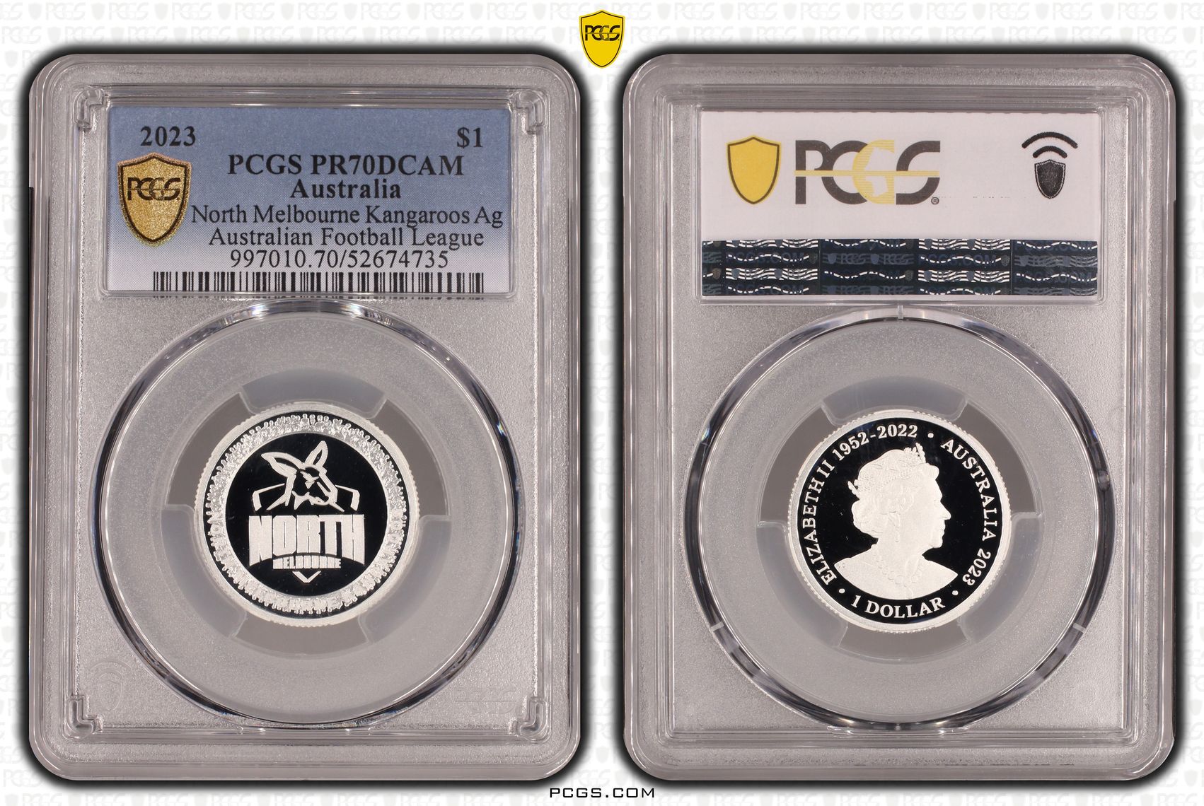 North Melbourne Kangaroos Silver Australian Football League, POP 1/0, One Dollar, 2023, PCGS PR70DCAM