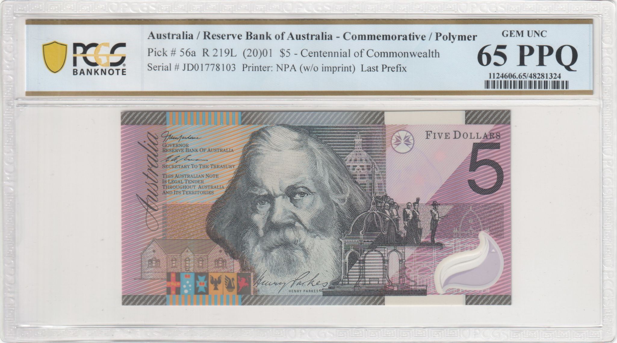 McFarlane/Evans, Last Prefix, Five Dollar, 2001, PCGS Gem UNC 65 PPQ