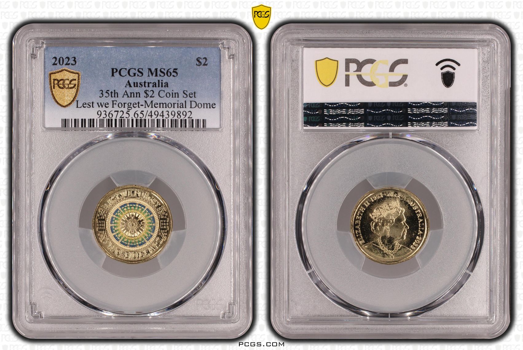 Elizabeth II, 35th Ann $2 Coin Set Colorized Lest we Forget-Memorial Dome , Two Dollar, 2023, PCGS MS65