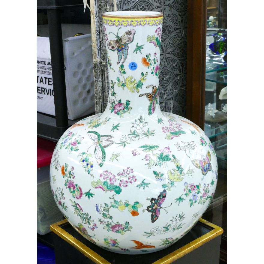Old Chinese Famille Rose Butterfly Large Porcelain Vase 21''