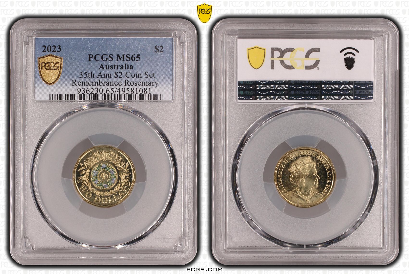 Elizabeth II, 35th Ann $2 Coin Set Colorized Remembrance Rosemary , Two Dollar, 2023, PCGS MS65