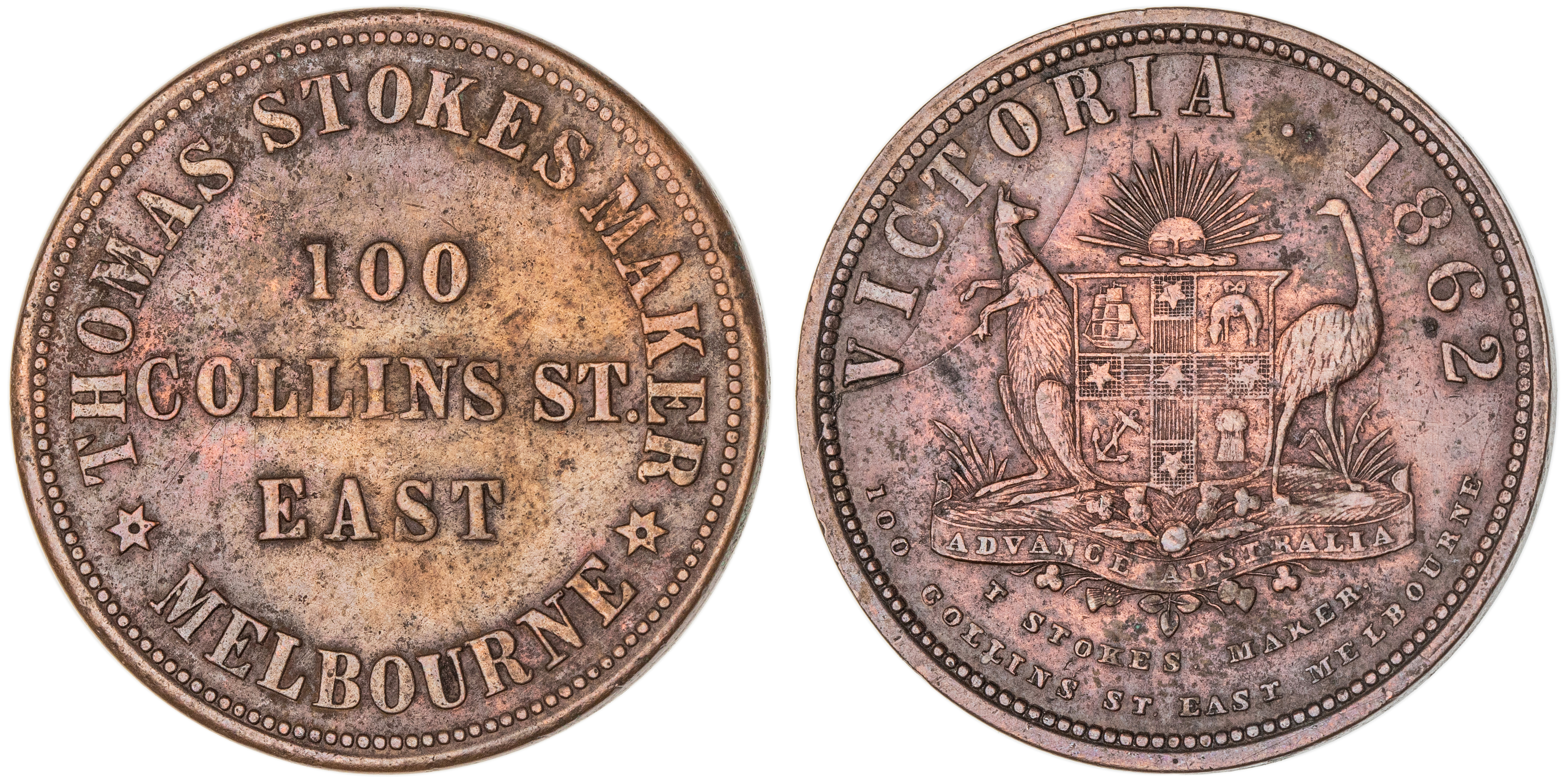 T. Stokes, Melbourne, Vic., Penny, 1862, aEF