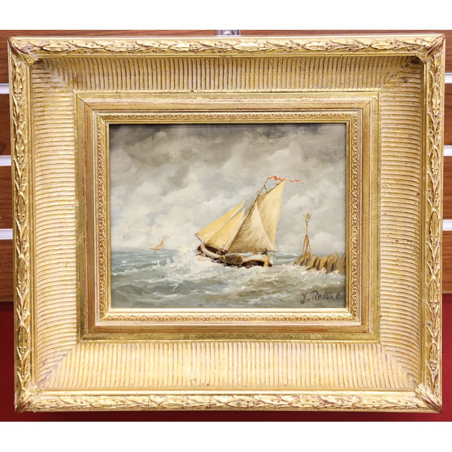 J. Redert ''Rough Seas'' Oil Painting Gilt Framed 14.5''x16.5''