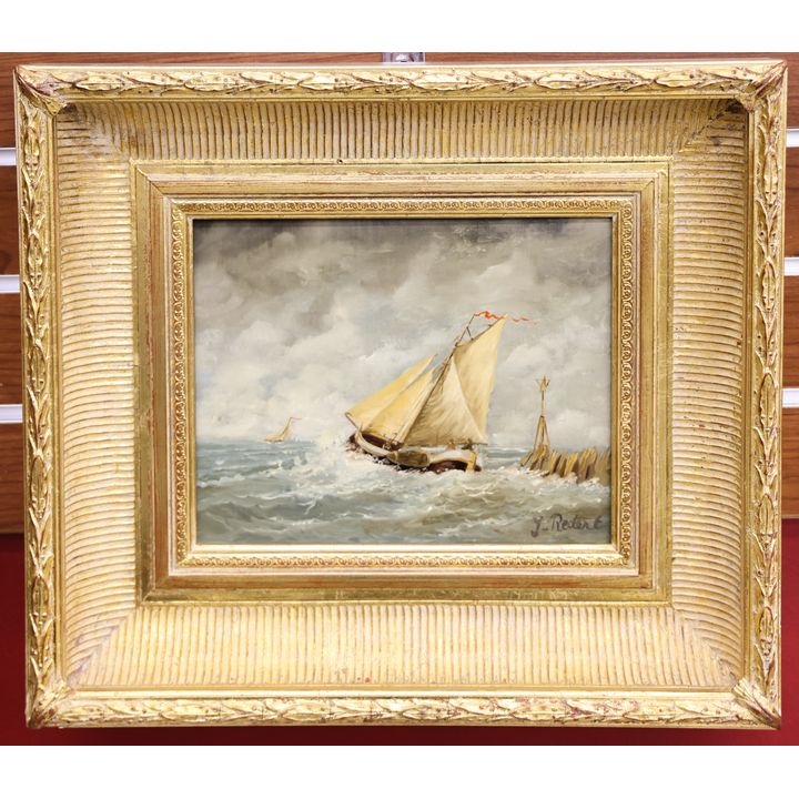 J. Redert ''Rough Seas'' Oil Painting Gilt Framed 14.5''x16.5''