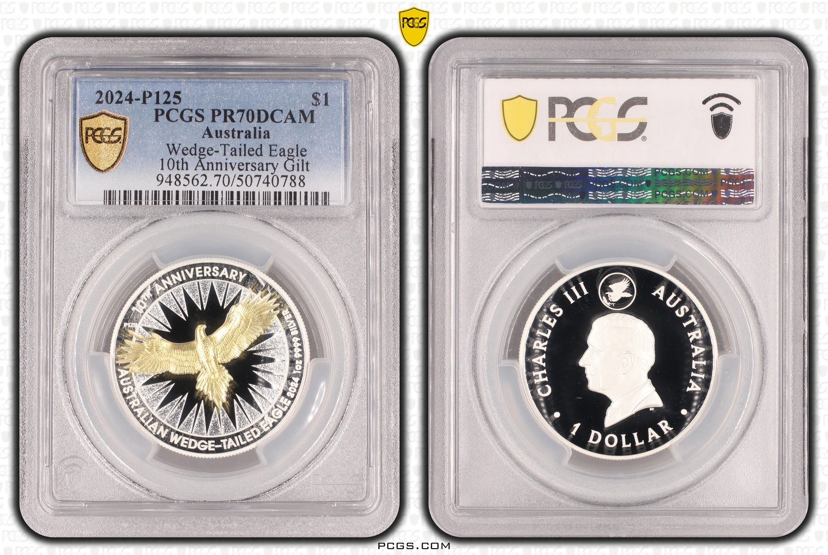 Wedge-Tailed Eagle 10th Anniversary Gilt POP 10/0, One Dollar, 2024-P125, PCGS PR70DCAM