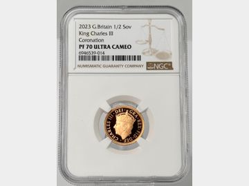 2023 CORONATION OF CHARLES III PROOF HALF SOVEREIGN PF70 UCAM