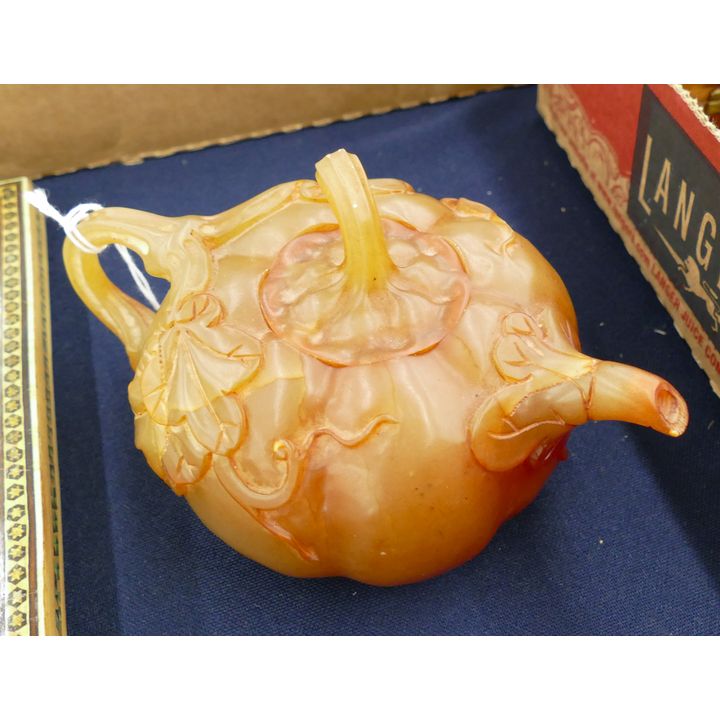 Chinese Carved Stone Melon Form Teapot 7''