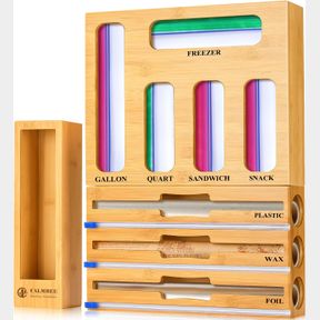 9 IN 1 CALMBEE PLASTIC WRAP DISPENSER WITH CUTTER AND ZIPLOCK BAG ORGANIZER, 9 IN 1 BAMBOO FOIL AND PLASTIC WRAP ORGANIZER FOR KIT