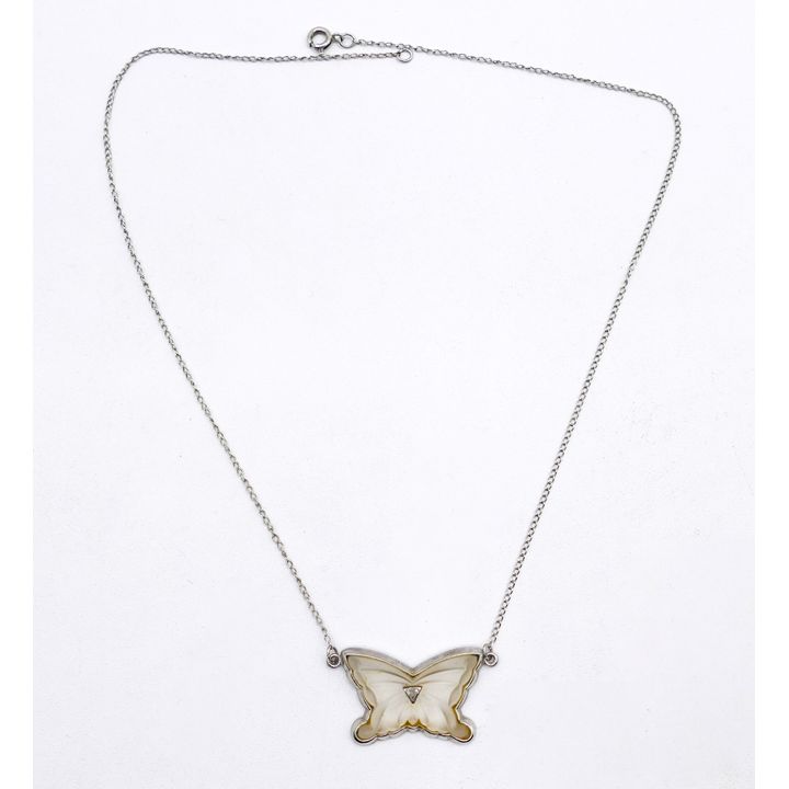 Art Deco Butterfly Frosted Glass Sterling Pendant Necklace 15''