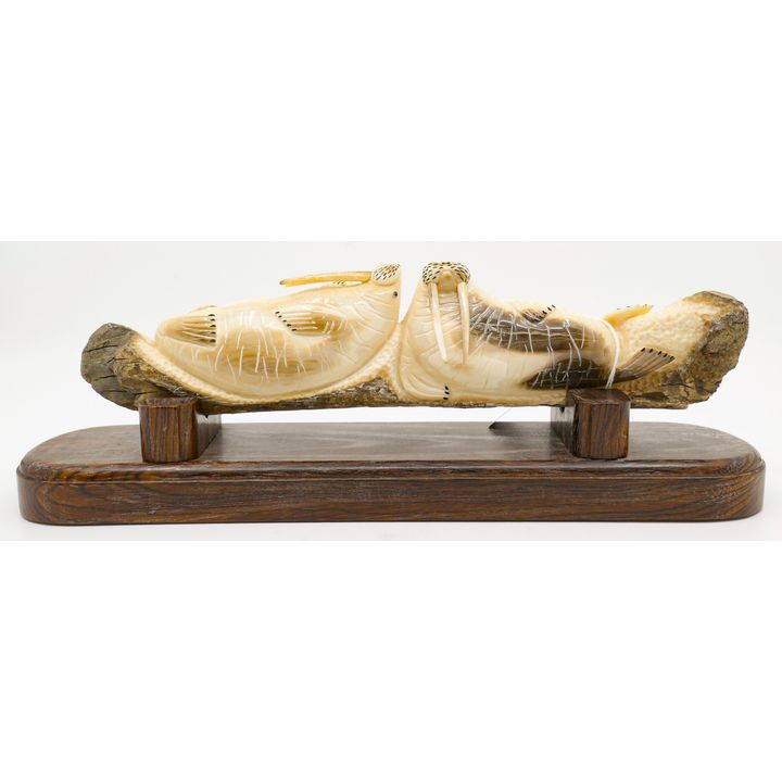Eddy Syngor Fossilized Inuit Carved ''Double Walrus'' Tusk on Stand 12.5''