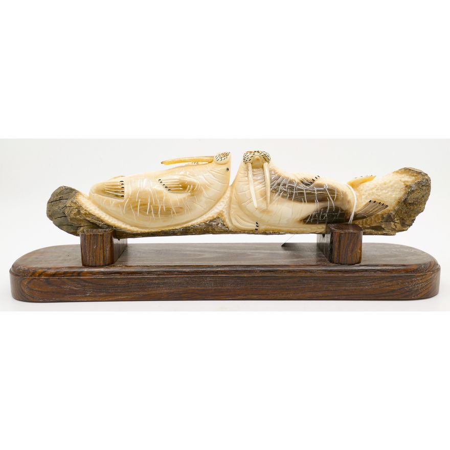 Eddy Syngor Fossilized Inuit Carved ''Double Walrus'' Tusk on Stand 12.5''