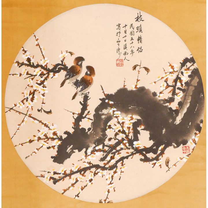 Chinese Sparrows Scroll Painting- 33x28''