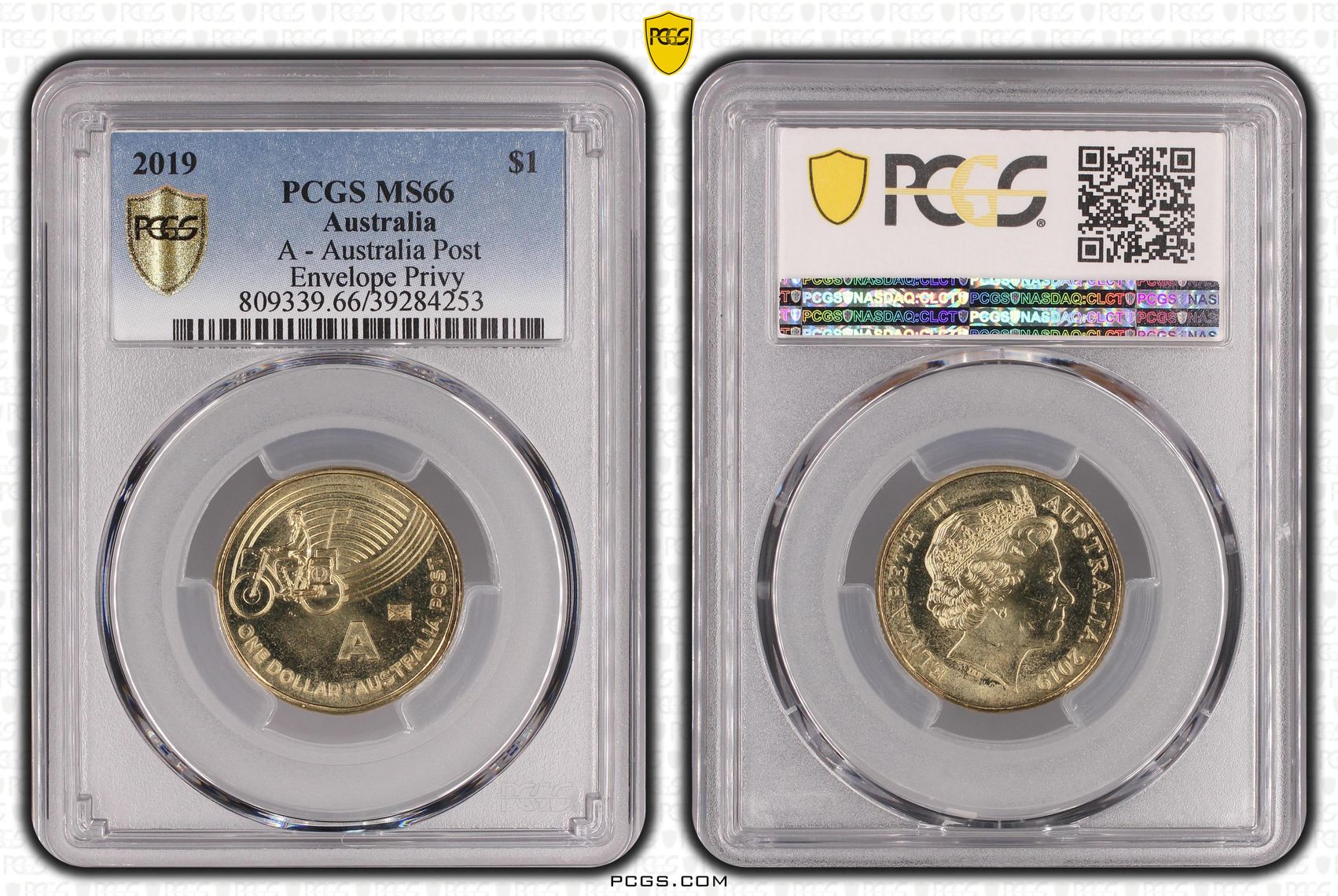 455 · A- Australia Post Envelope Privy, One Dollar, 2019, PCGS MS66