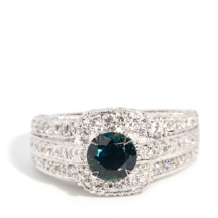 Teal Sapphire & Diamond Ring 18ct Gold,